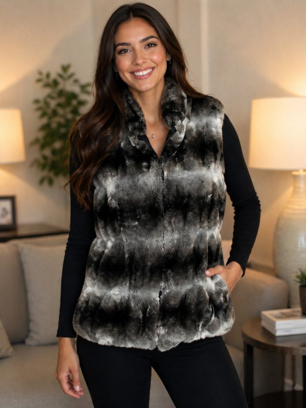Share Donna Salyer Fabulous Furs Faux Fur Vest Womens Small Gray Black Ombre Exc